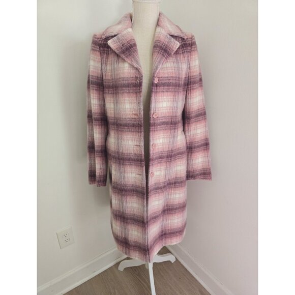 Hennes HM Vintage Pink Plaid Wool Blend Single Breasted Long Mid Coat 10 M - Picture 8 of 12